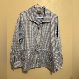 Chico’s 3 Blue White Gingham Zip Front Jacket Drawstring Waist XL